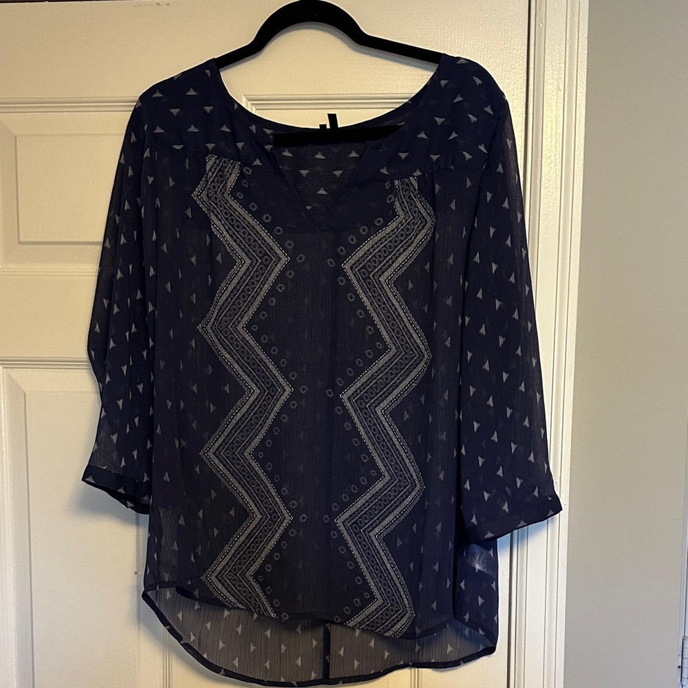 ✨ Maurices Navy Sheer Boho Tunic | Geometric Print & Zig Zag Detail ✨